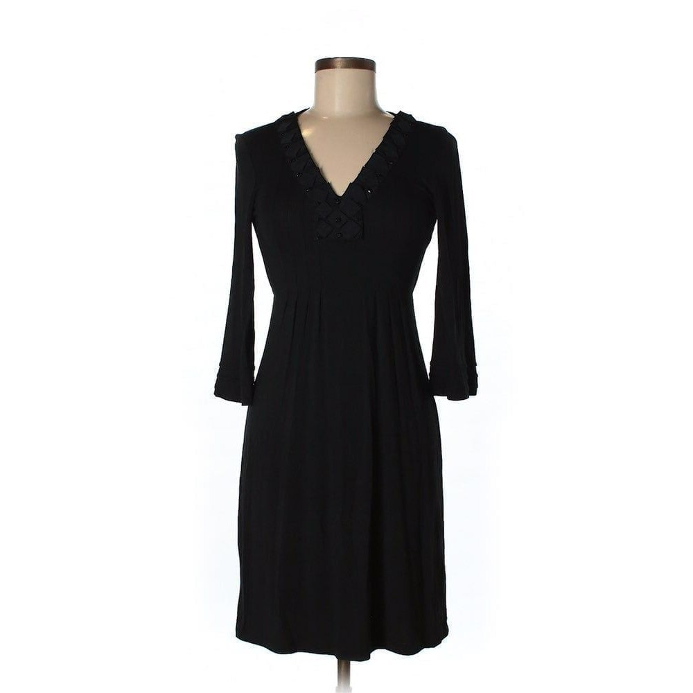 NWOT NY&Co Black Midi Pleated Empire Dress Size XS Ruched V-Neck Embellished